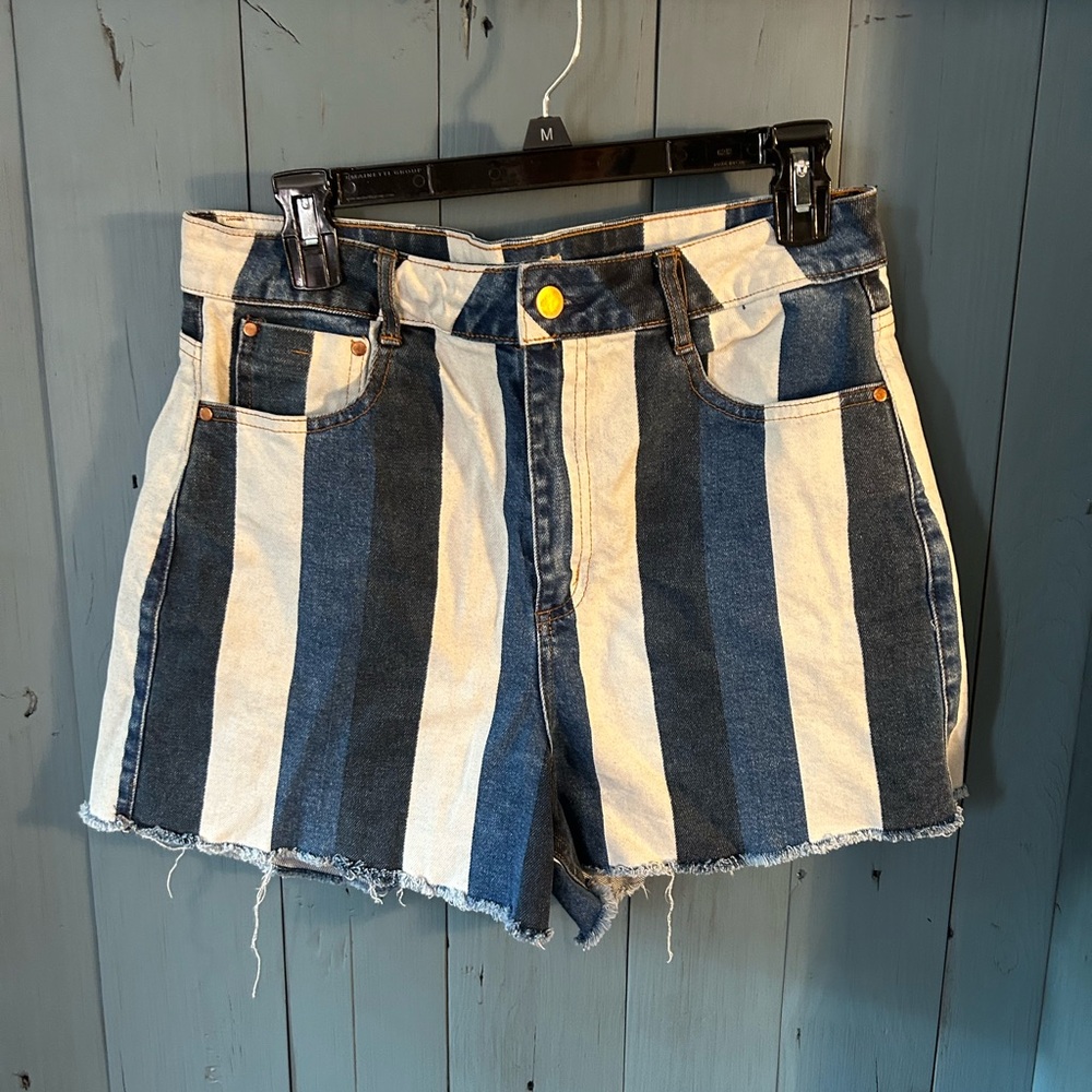 Altar'd State Blue and White Striped High-Waist Denim Shorts